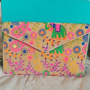 Cream Boho Clutch with colorful embroidery
